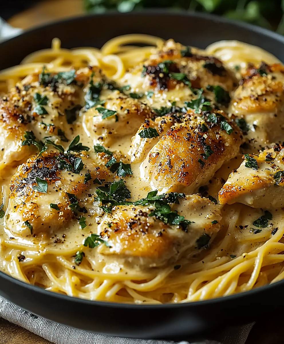 Cremige Hähnchenpfanne Spaghetti