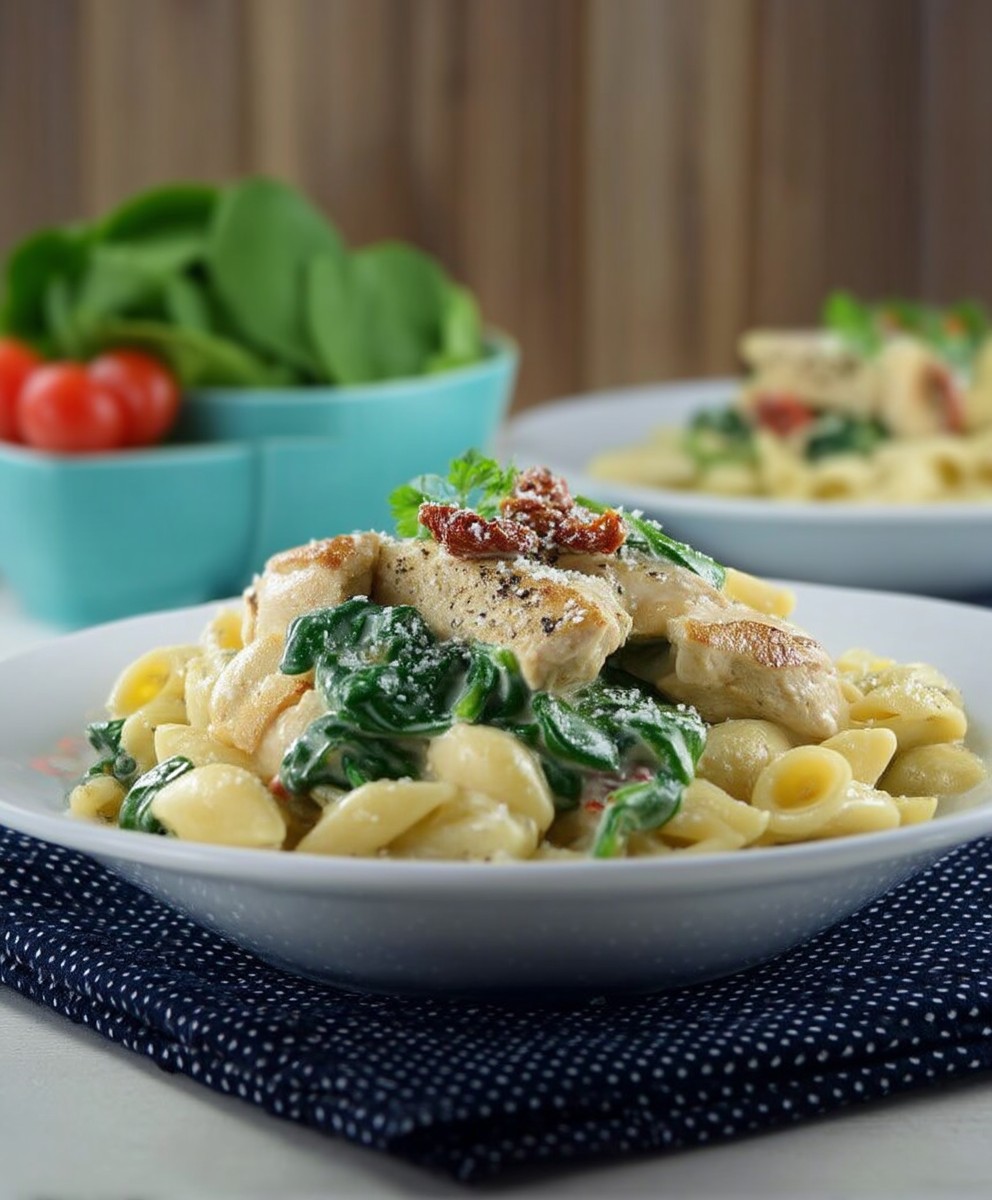 Hähnchen Pasta Alfredo Spinat