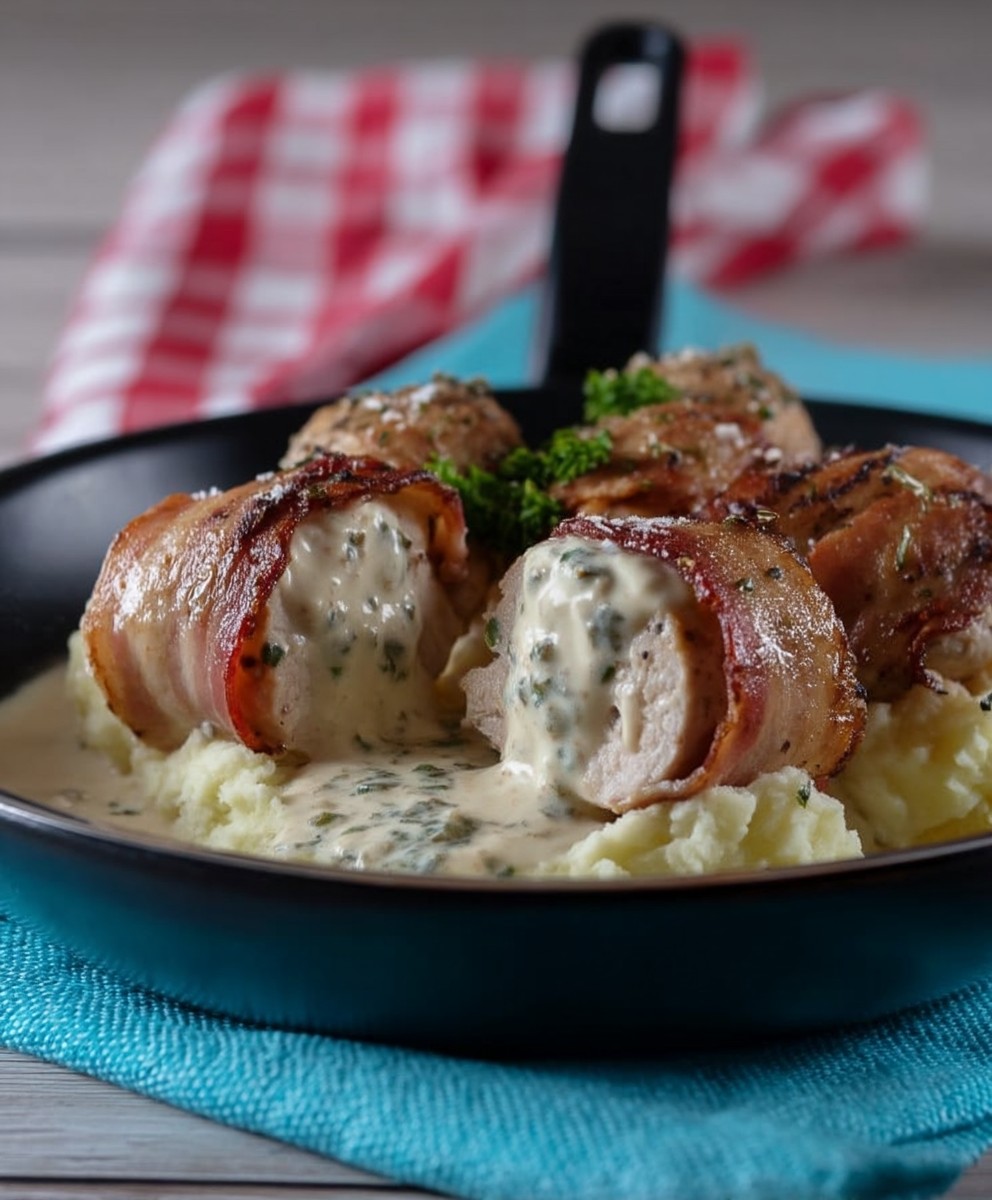 Putenröllchen Speck Frischkäse Kartoffelpüree
