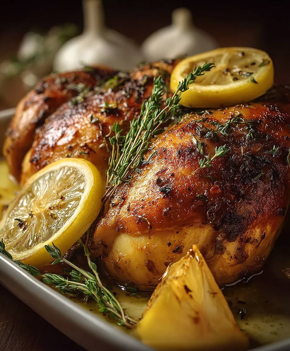 Gebratenes Huhn Zitrone Thymian Knoblauch