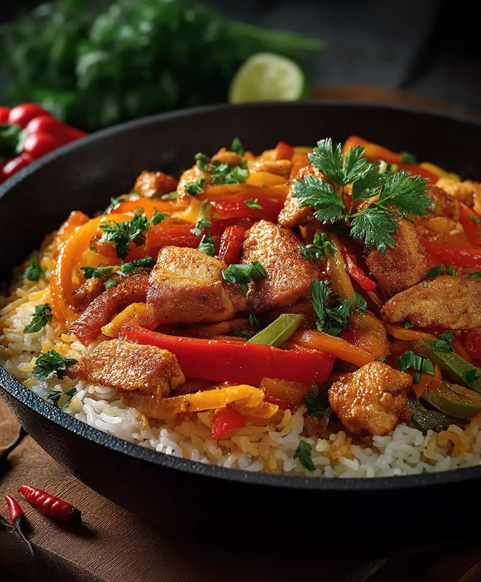 Paprika Reispfanne mit Hähnchen