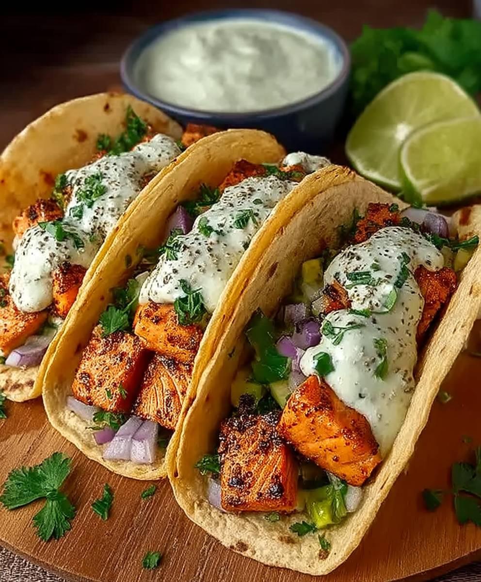 Lachs Tacos griechische Joghurtsauce