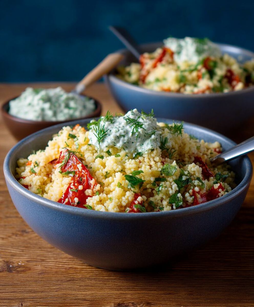 Couscous Salat Röstpaprika Kräuterdip