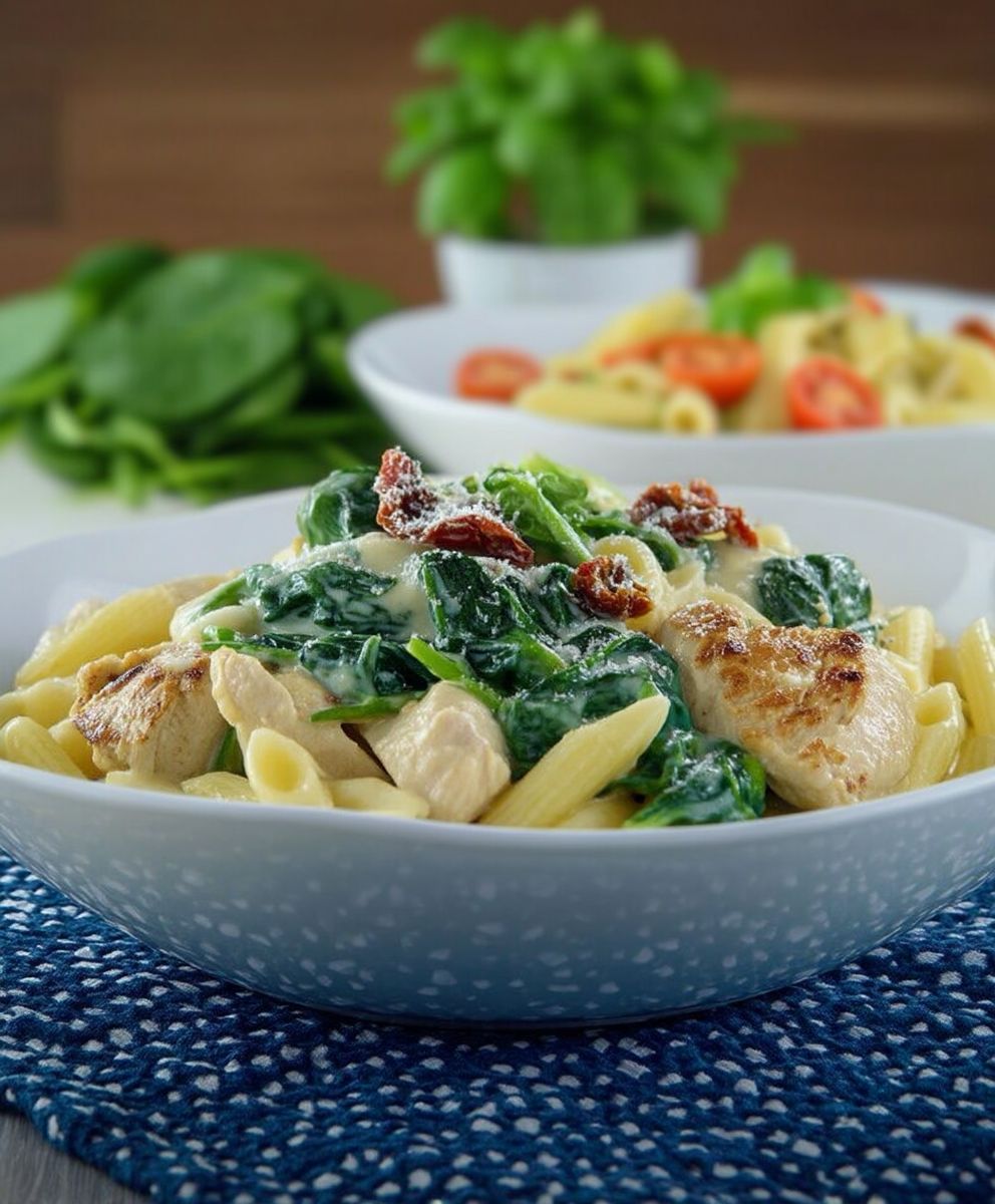 Hähnchen Pasta Alfredo Spinat