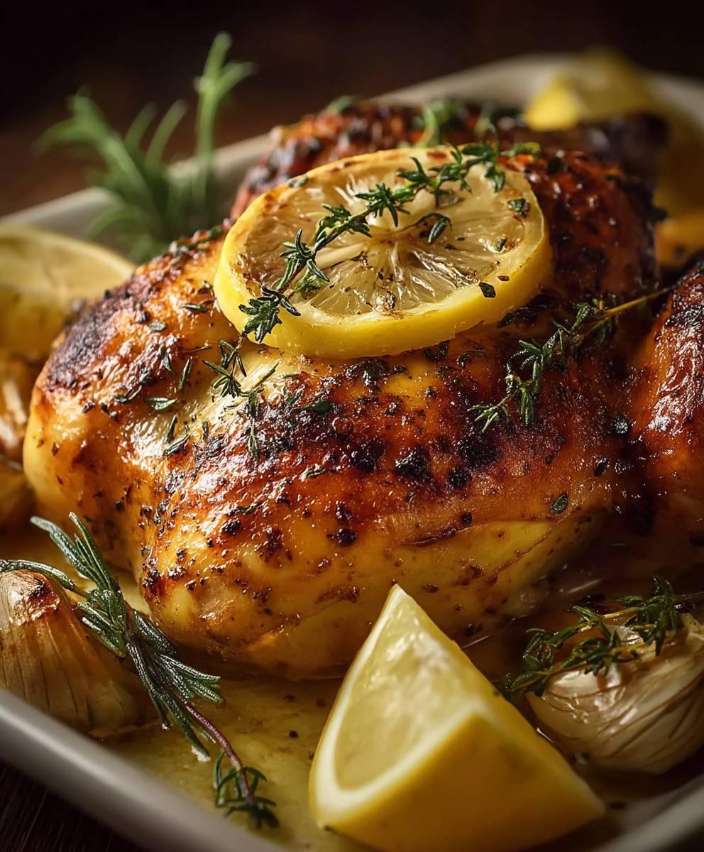 Gebratenes Huhn Zitrone Thymian Knoblauch