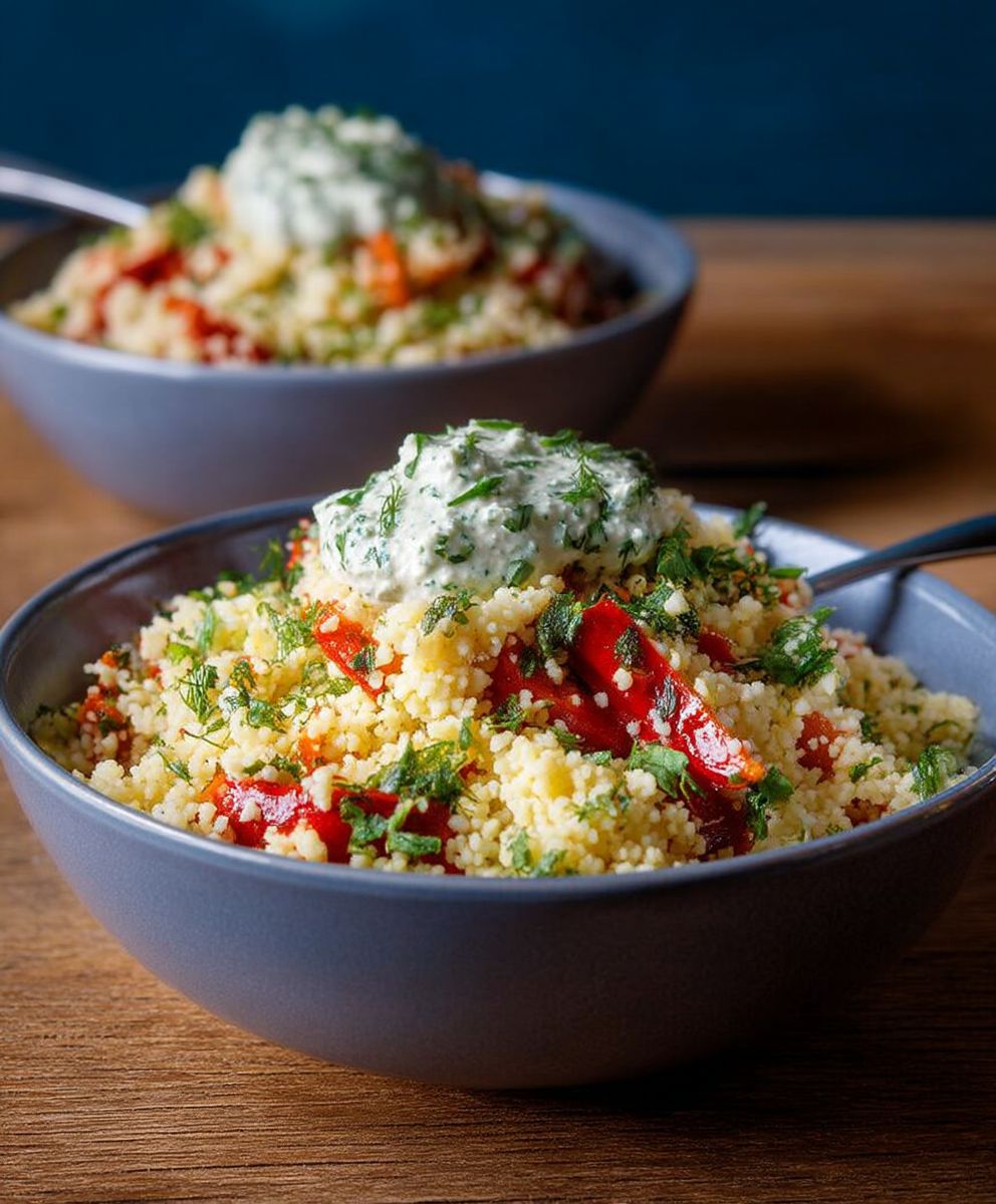 Couscous Salat Röstpaprika Kräuterdip
