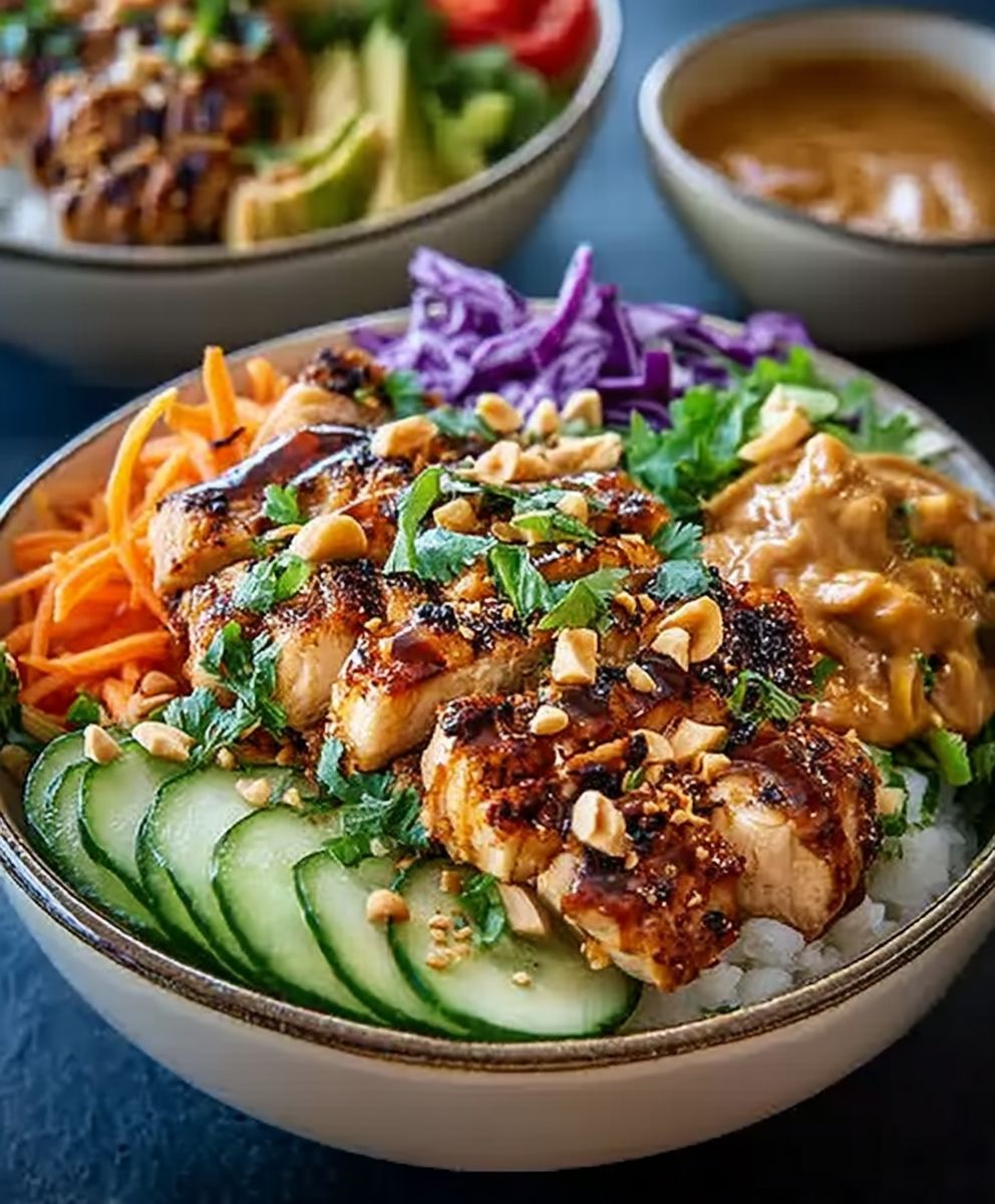 Thailändische Erdnuss Hähnchen Bowl