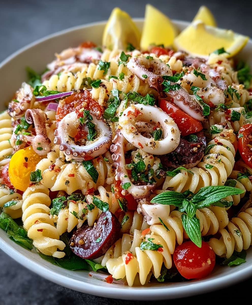 Mediterraner Tintenfisch Nudelsalat
