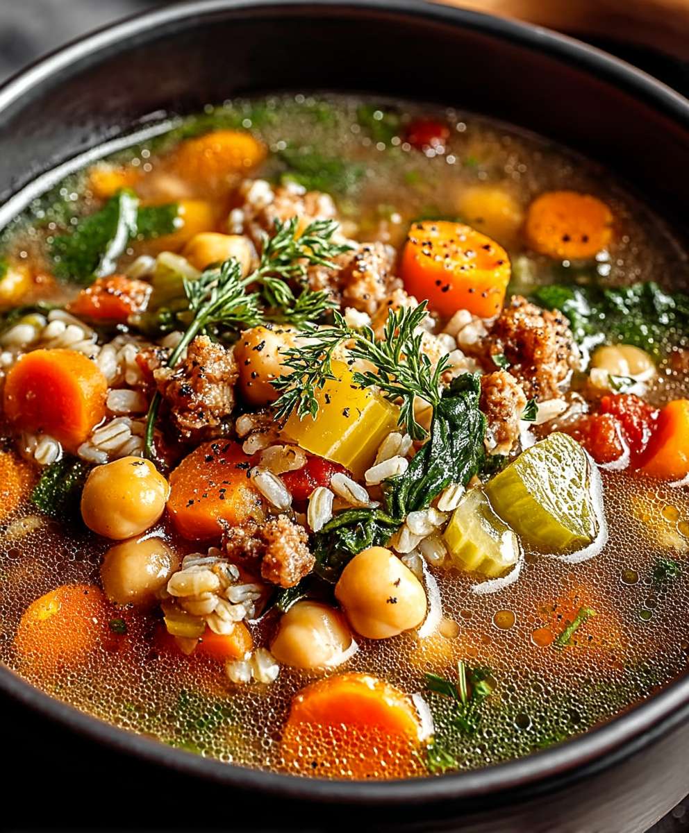 Kichererbsen Gemüse Suppe brauner Reis