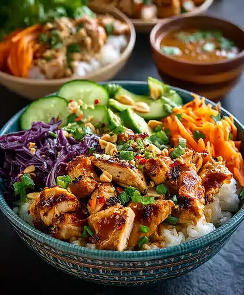 Thailändische Erdnuss Hähnchen Bowl