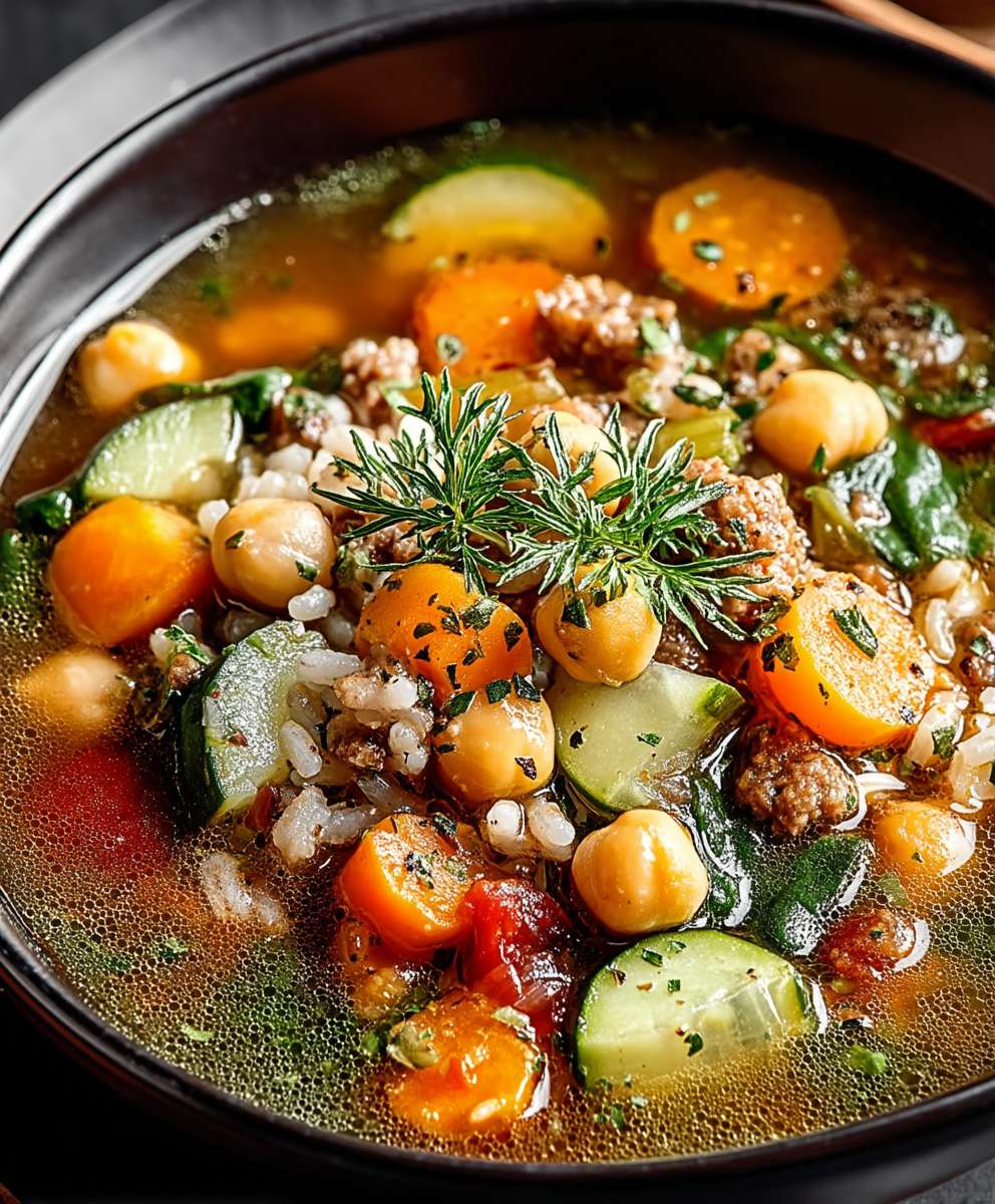 Kichererbsen Gemüse Suppe brauner Reis
