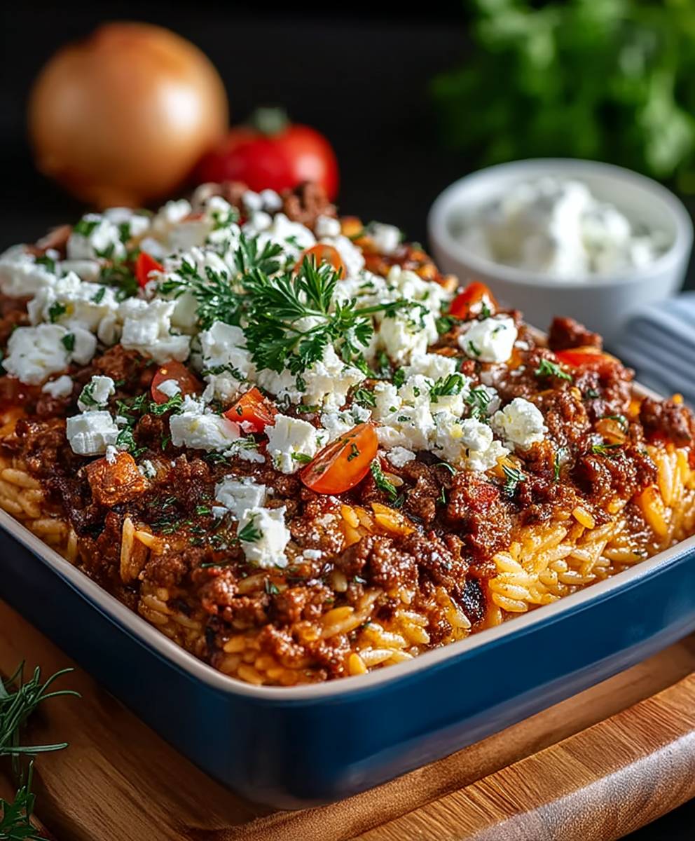 Griechischer Hackauflauf Kritharaki Feta