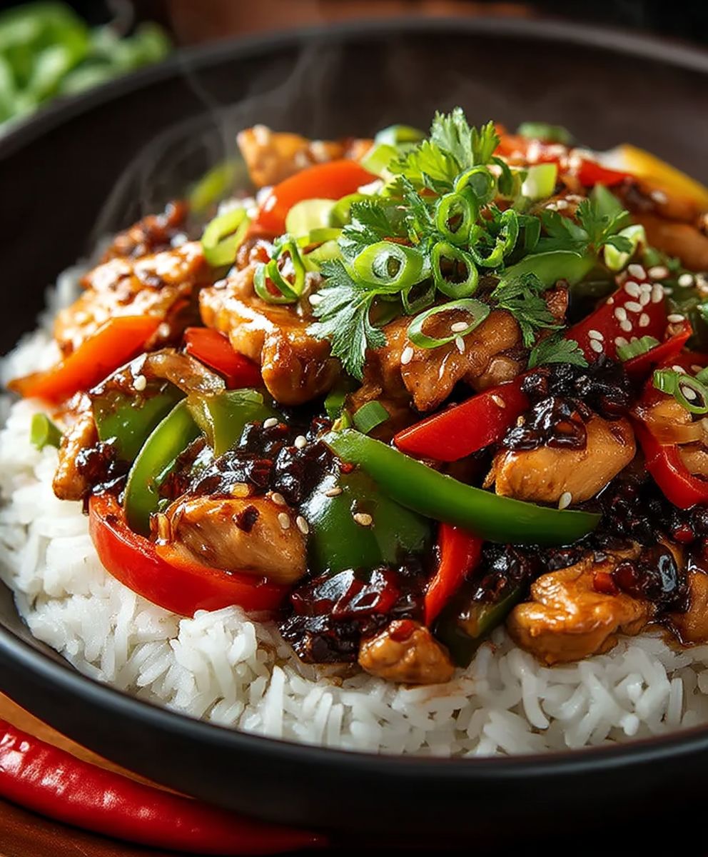Chinesische Hähnchenpfanne mit Reis