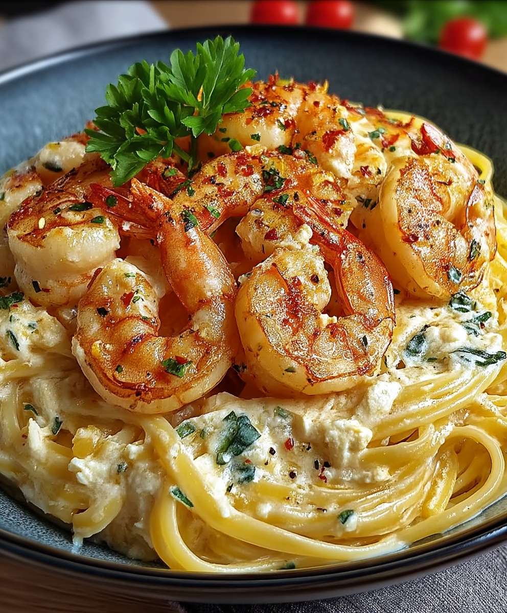 Garnelen Spaghetti Knoblauch Frischkäsesauce