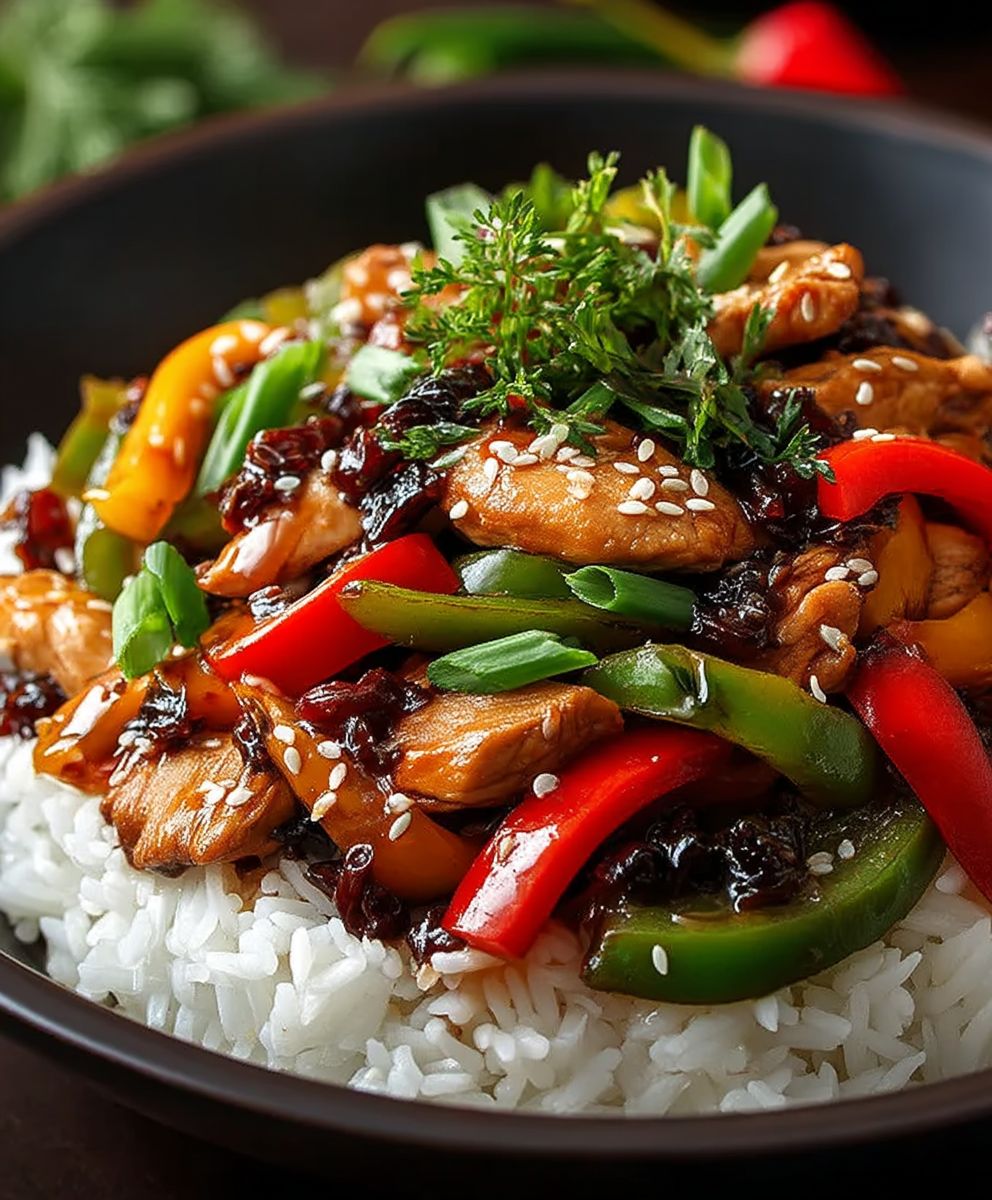 Chinesische Hähnchenpfanne mit Reis