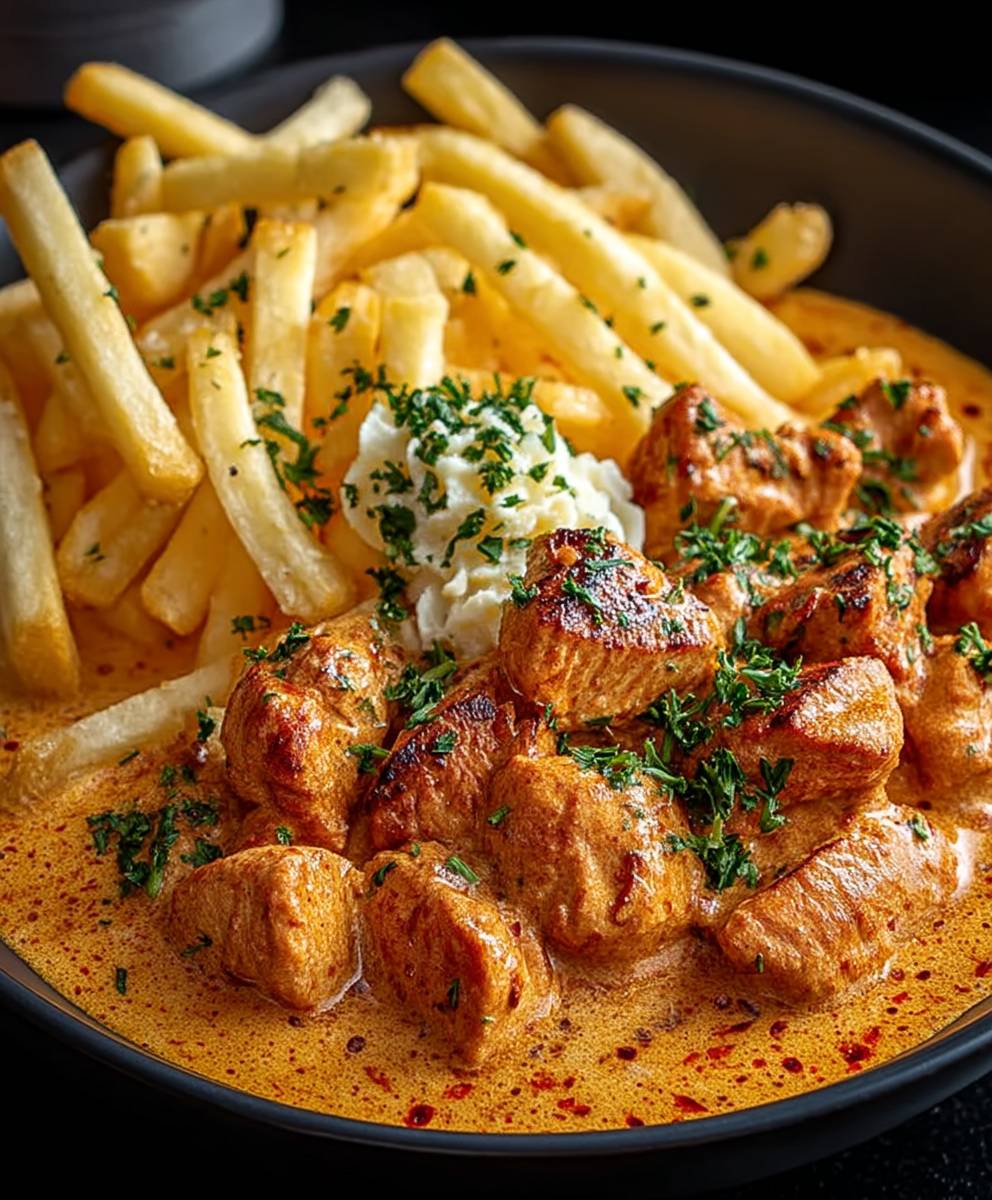 Butter Chicken Knoblauchsauce Pommes