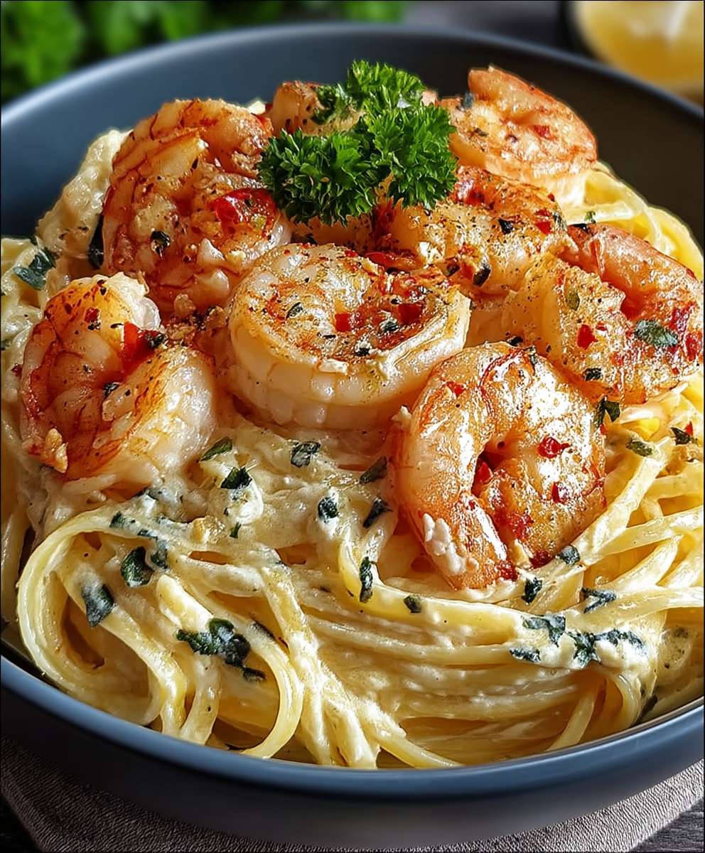 Garnelen Spaghetti Knoblauch Frischkäsesauce